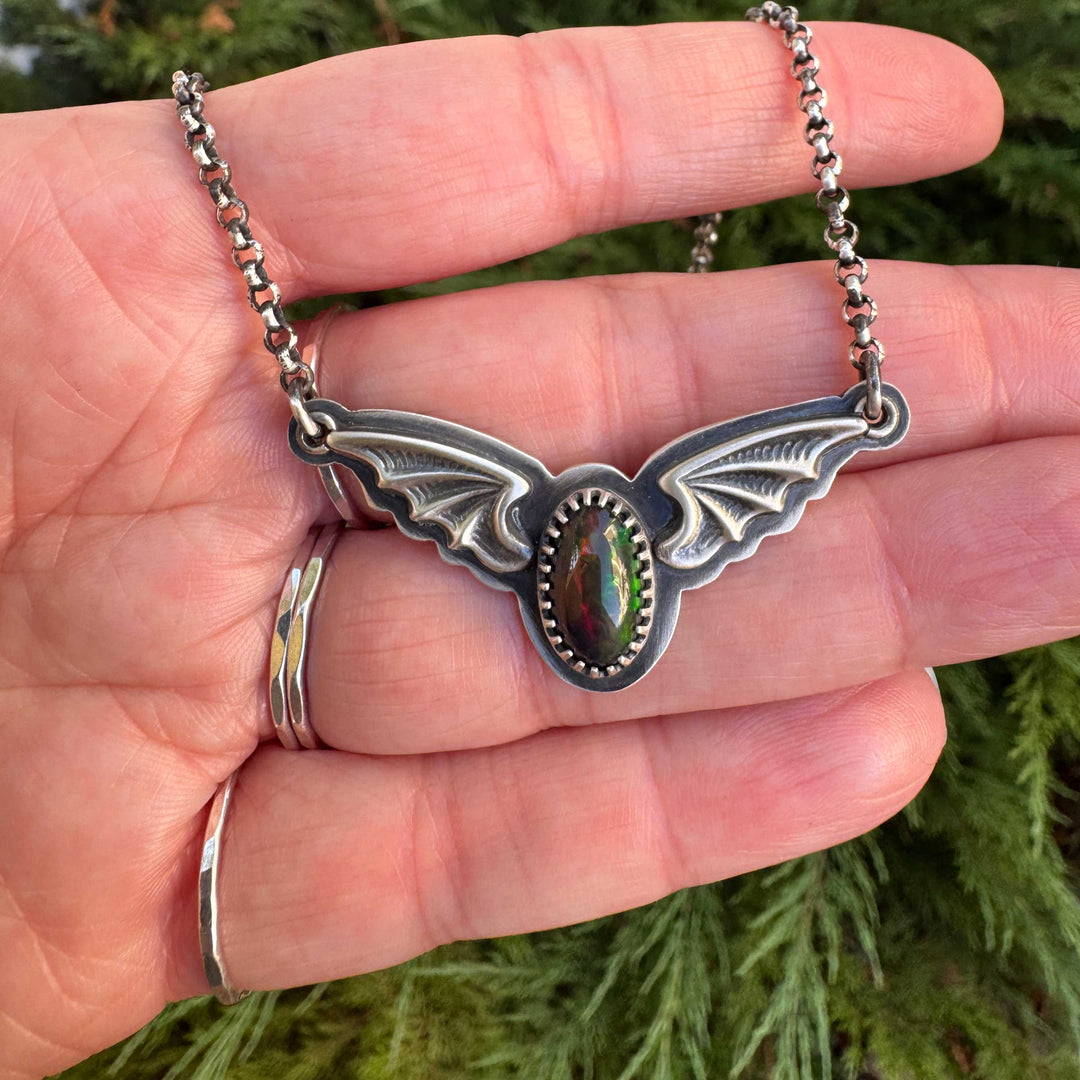 Welo Opal Bat Pendant Necklace in Sterling Silver