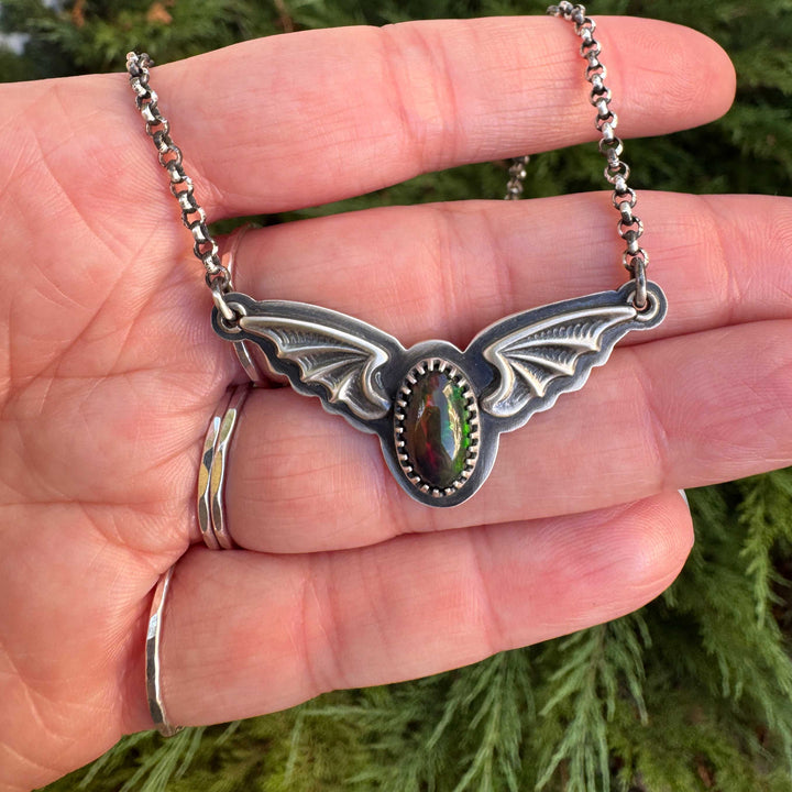 Welo Opal Bat Pendant Necklace in Sterling Silver