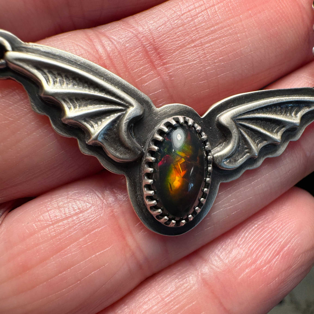 Welo Opal Bat Pendant Necklace in Sterling Silver
