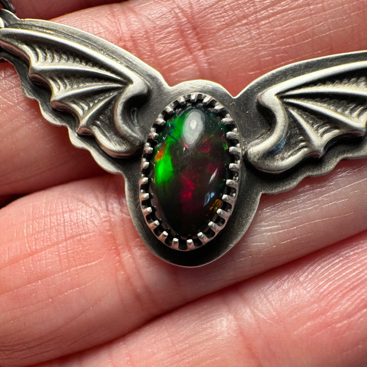 Welo Opal Bat Pendant Necklace in Sterling Silver