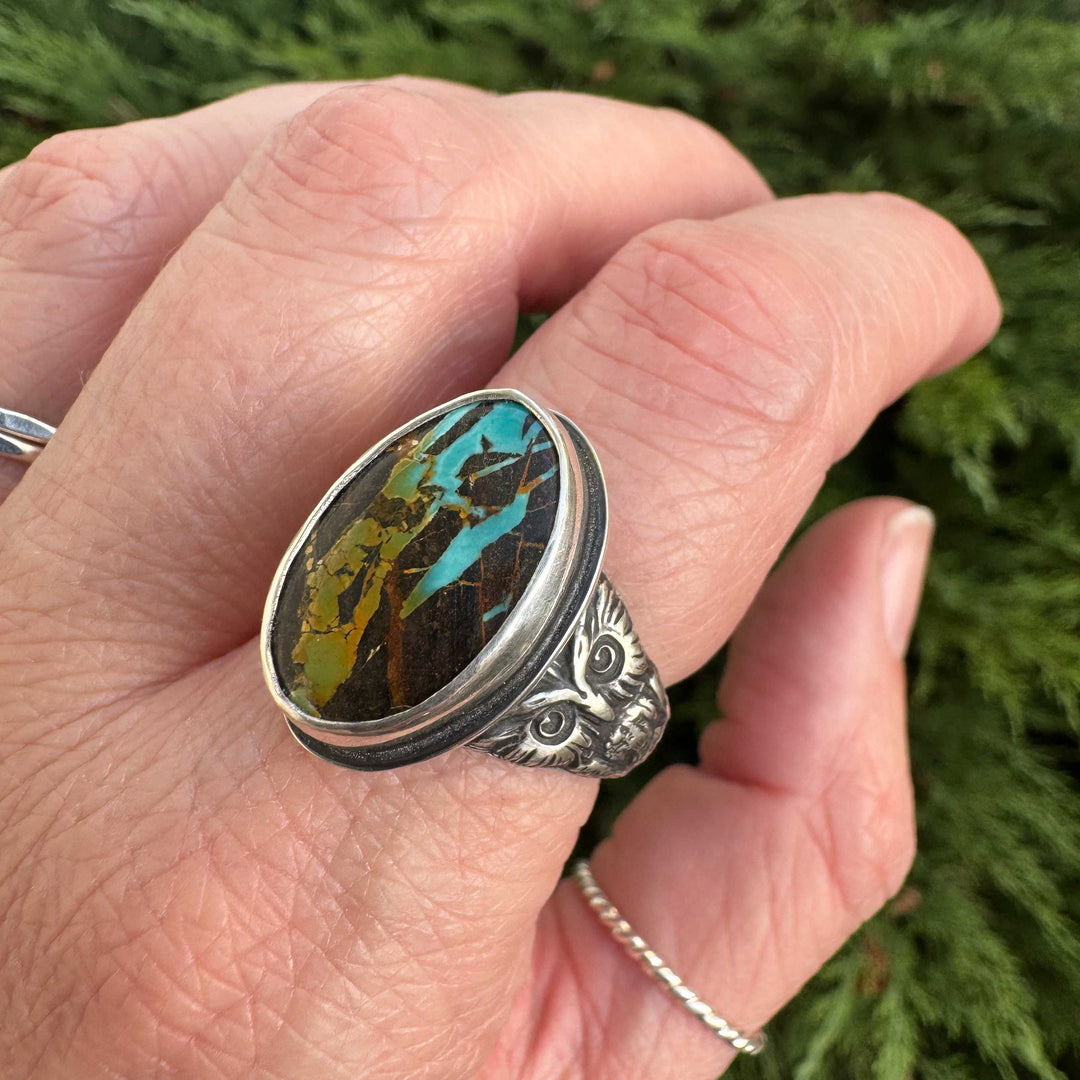 Blackjack Turquoise Owl Ring in Sterling Silver | Size 8.5