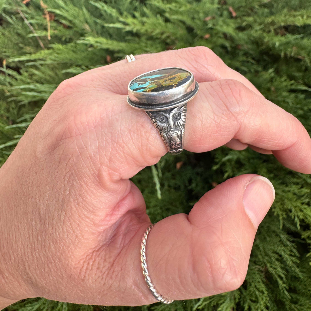 Blackjack Turquoise Owl Ring in Sterling Silver | Size 8.5
