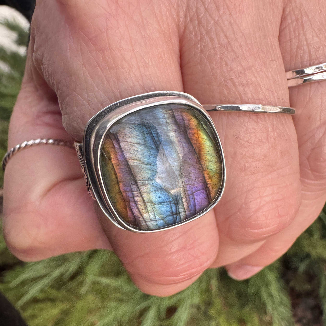 Labradorite Sterling Silver Wide Band Ring | Size 9