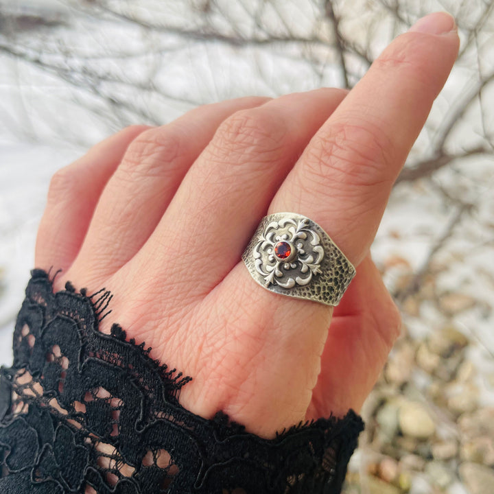 Gothic Garnet Ring in Sterling Silver