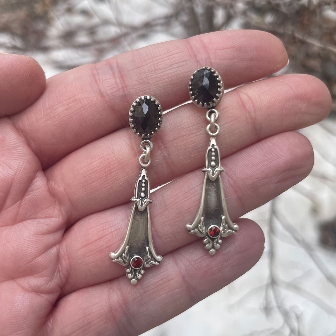 Gothic Statement Earrings with Black Spinel & Garnet in Silver