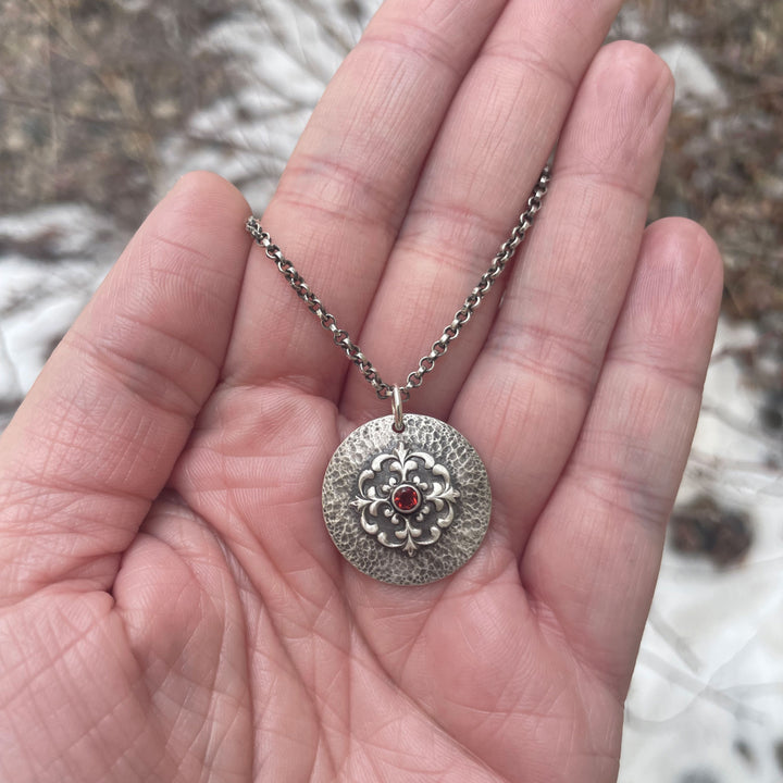 Red Garnet Gothic Shield Necklace in Sterling Silver