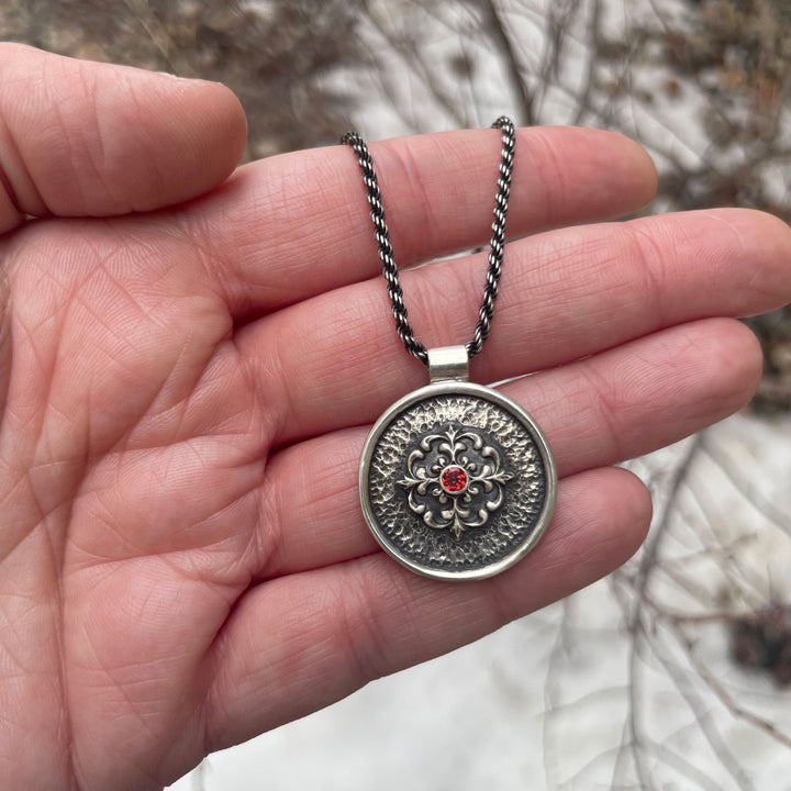 Silver Vampire Medallion Necklace with Garnet