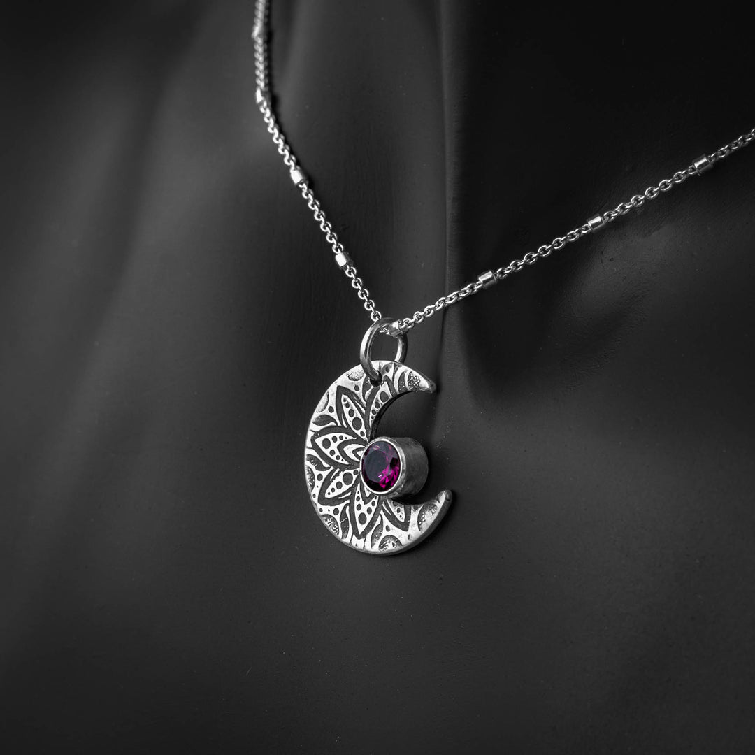Garnet Crescent Moon Pendant Necklace