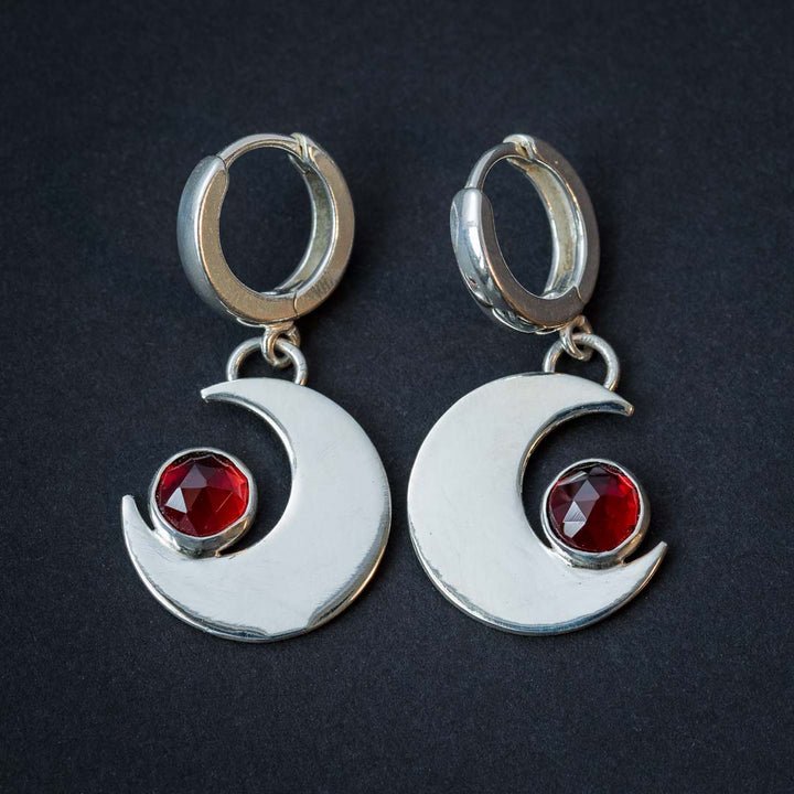 Garnet Crescent Moon Earrings with Silver Huggie Hoops