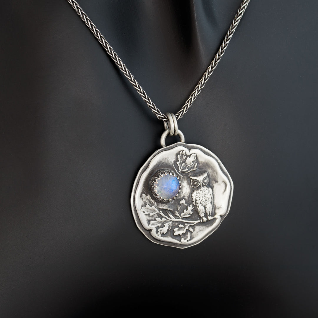 Silver Owl and Moon Pendant Necklace with Rainbow Moonstone