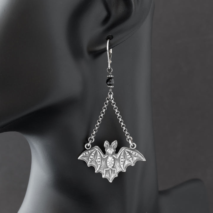 Spooky Bat Statement Earrings with Black Stone in Sterling Silver