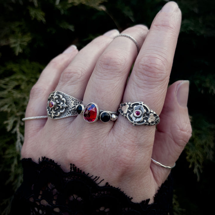 Garnet and Black Onyx Three Stone Statement Ring