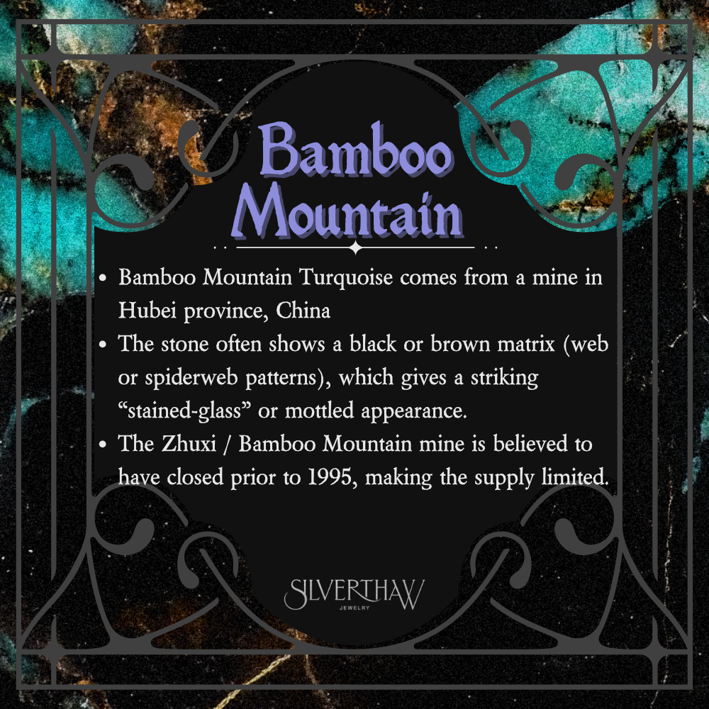 Bamboo Mountain turquoise infographic with origin, matrix pattern, and mine closure details.