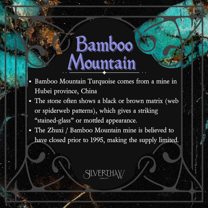 Bamboo Mountain turquoise infographic with origin, matrix pattern, and mine closure details.