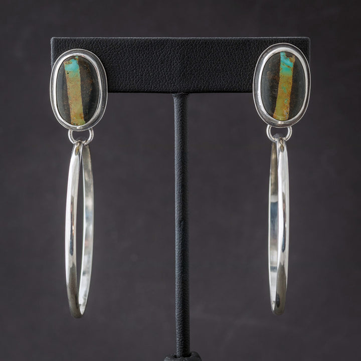 Blackjack turquoise dangle earrings with southwestern style turquoise studs and sterling silver hoop earrings. Handmade in Fort Collins, Colorado.