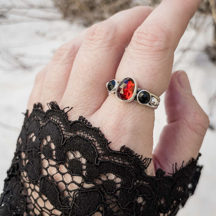 Garnet and Black Onyx Three Stone Statement Ring