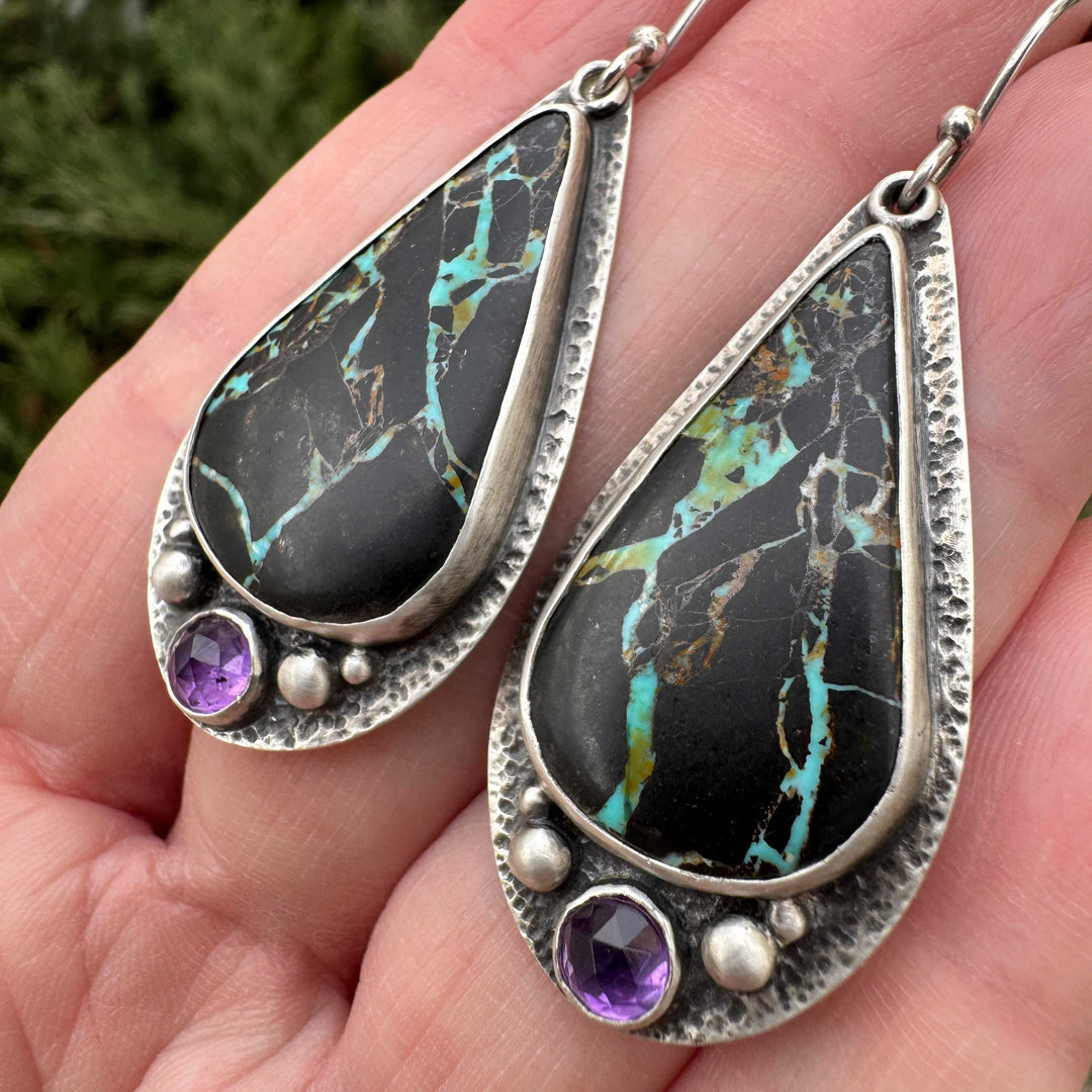 Blackjack turquoise and amethyst one of a kind statement drop earrings in handmade sterling silver artisan jewelry Fort Collins Colorado
