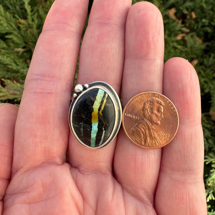 Blackjack turquoise ring size reference with penny, large oval cab handcrafted sterling silver