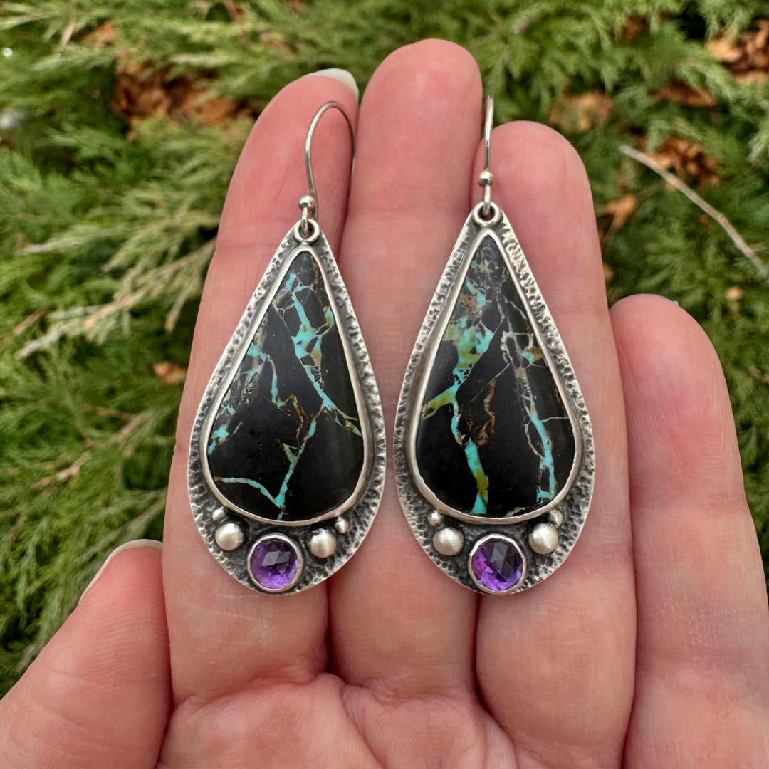 One of a kind Blackjack turquoise and rose cut amethyst drop earrings handmade by Colorado silversmith