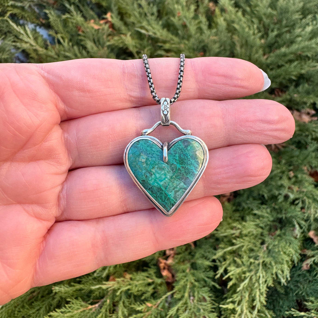 Spiderweb Chrysocolla Heart Pendant Necklace in Sterling Silver