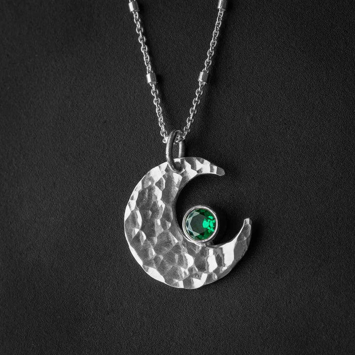 Crescent Moon Pendant Necklace with Simulated Emerald