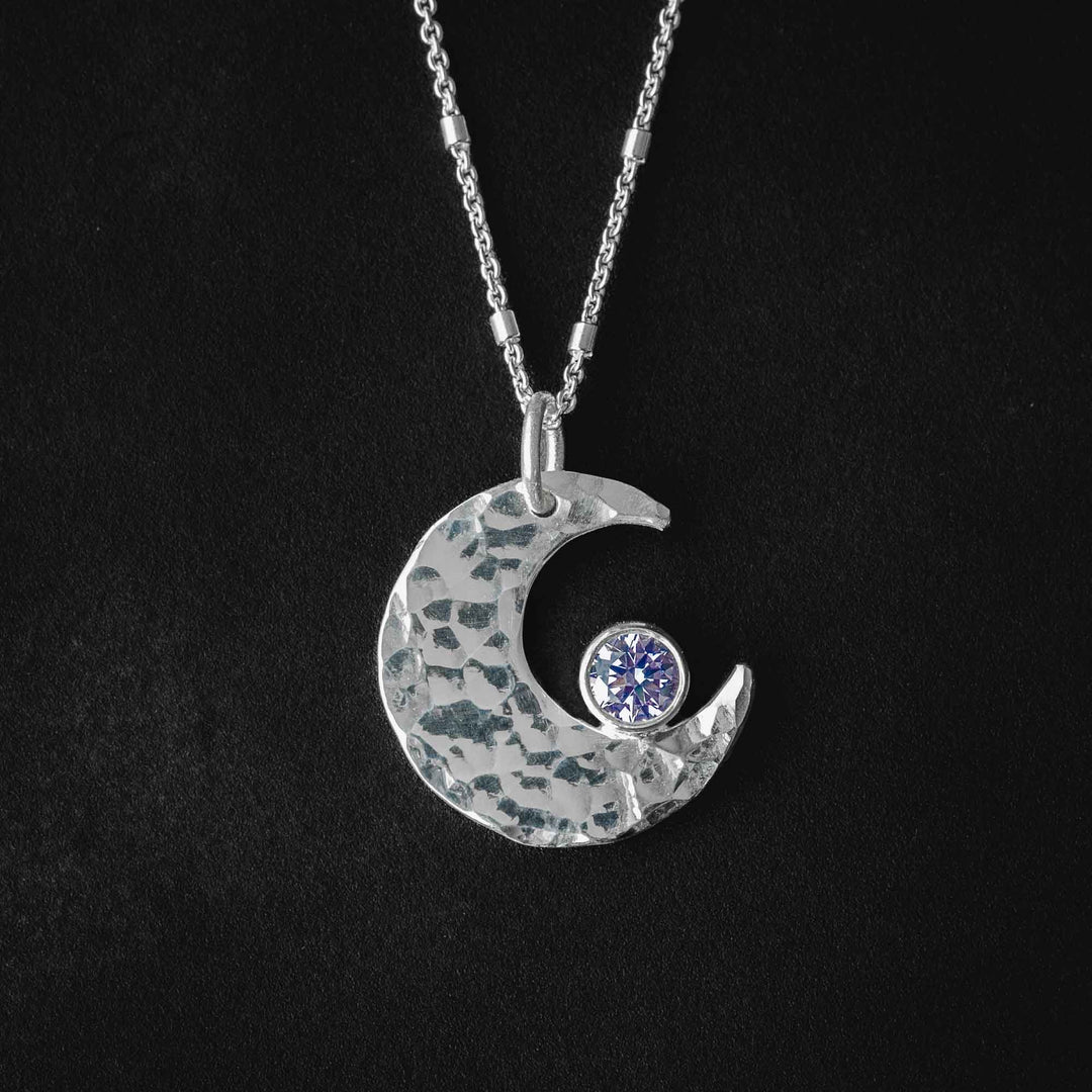 Crescent Moon Pendant Necklace with Lavender CZ
