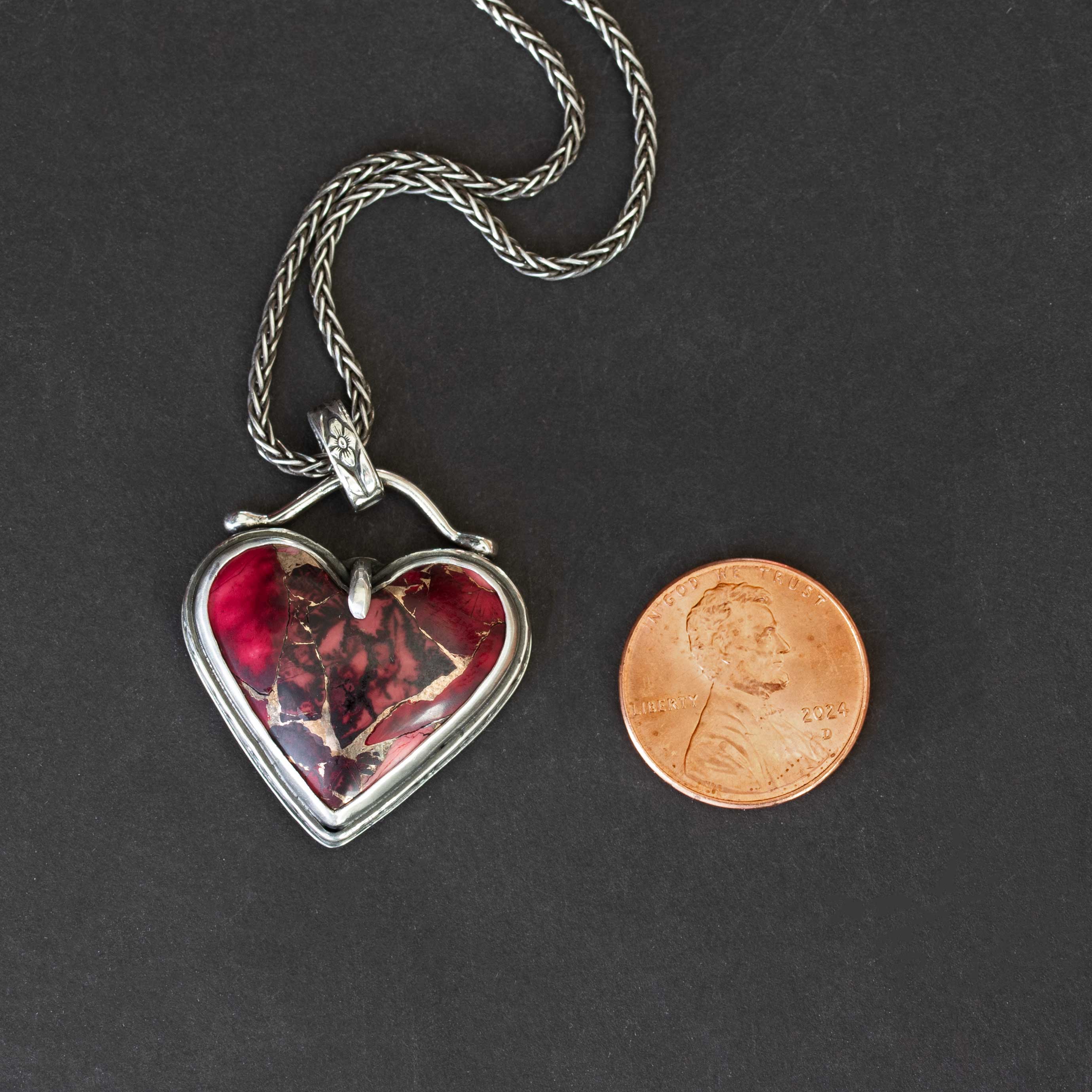 Gothic Heart Necklace | Red Dahlia Rose Stone Pendant in Sterling