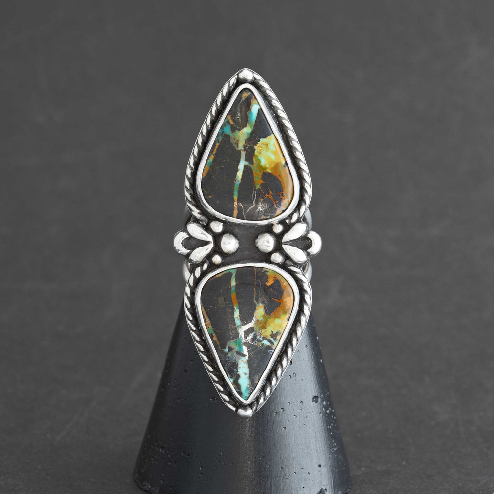 Double Blackjack Turquoise statement ring in sterling silver front view