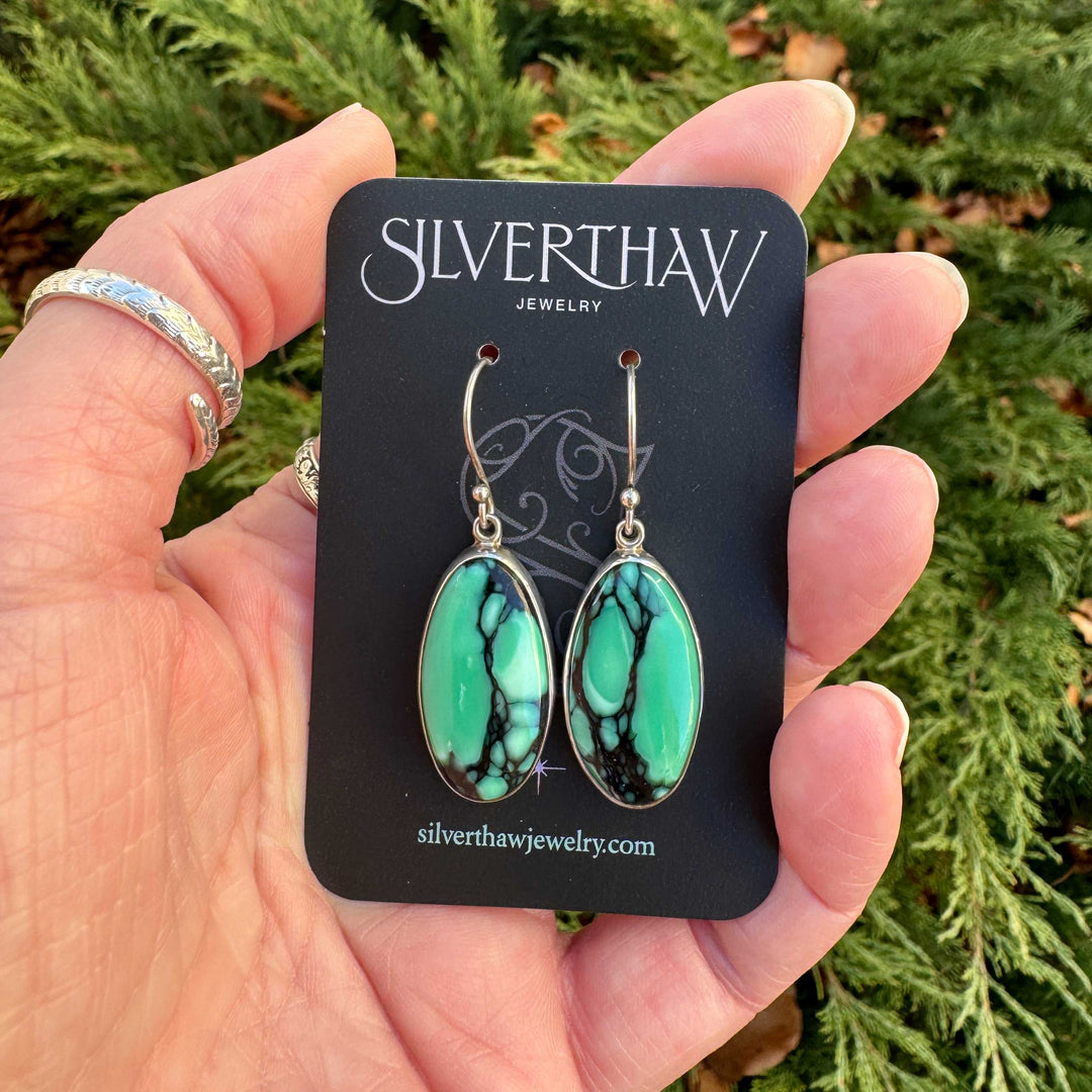 Emerald Rose variscite earrings displayed on Silverthaw Jewelry branded card.