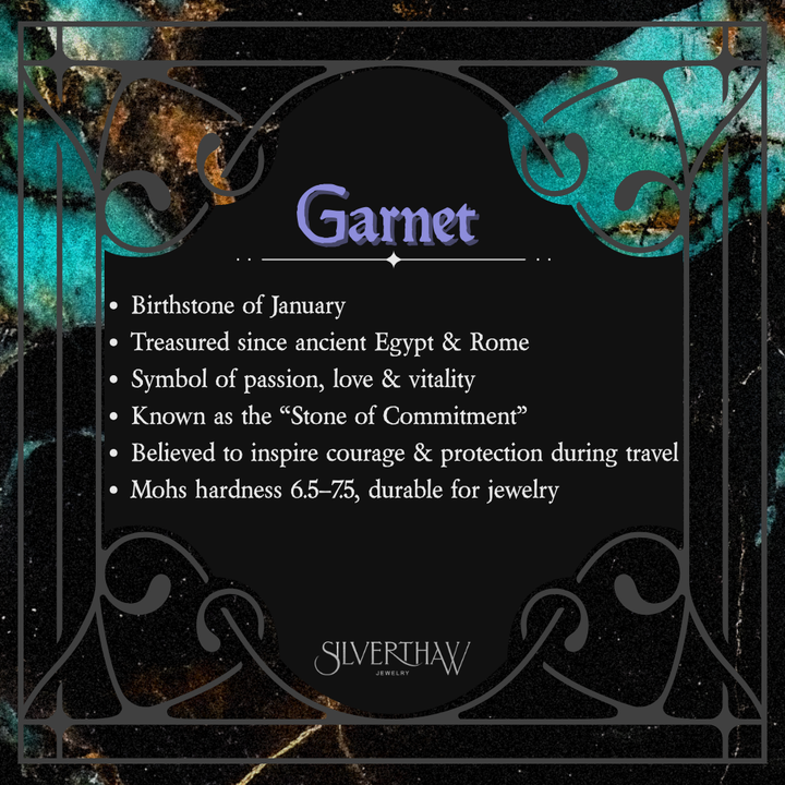 Infographic of garnet gemstone facts by Silverthaw Jewelry, showing its role as January birthstone, history in Egypt and Rome, symbolism of passion and commitment, protective lore, and Mohs hardness durability.