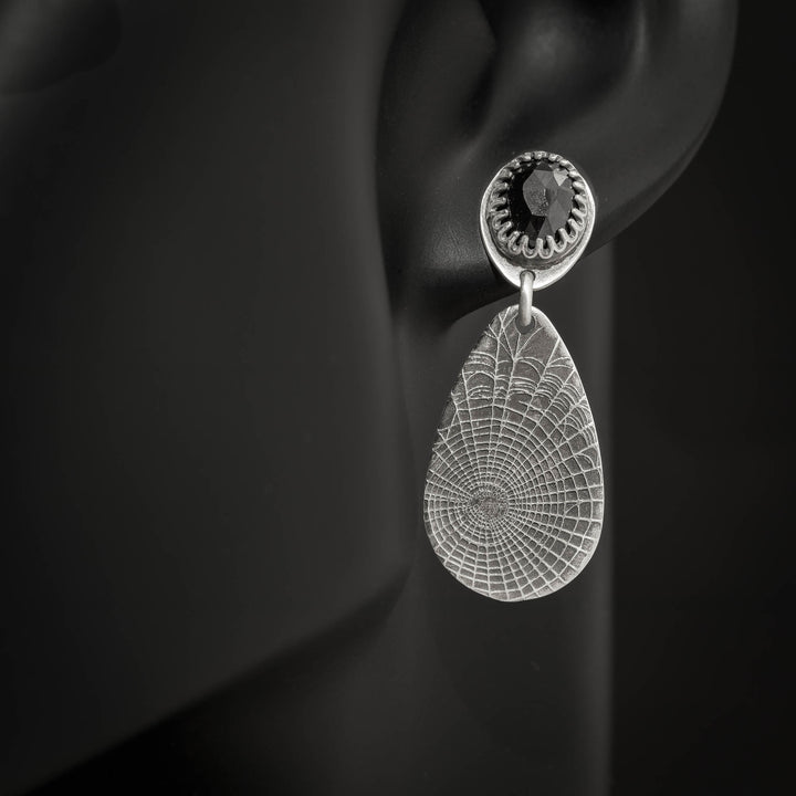 Gothic Spiderweb Silver Earrings with Black Spinel