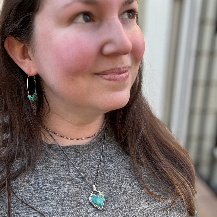 Spiderweb Chrysocolla Heart Pendant Necklace in Sterling Silver