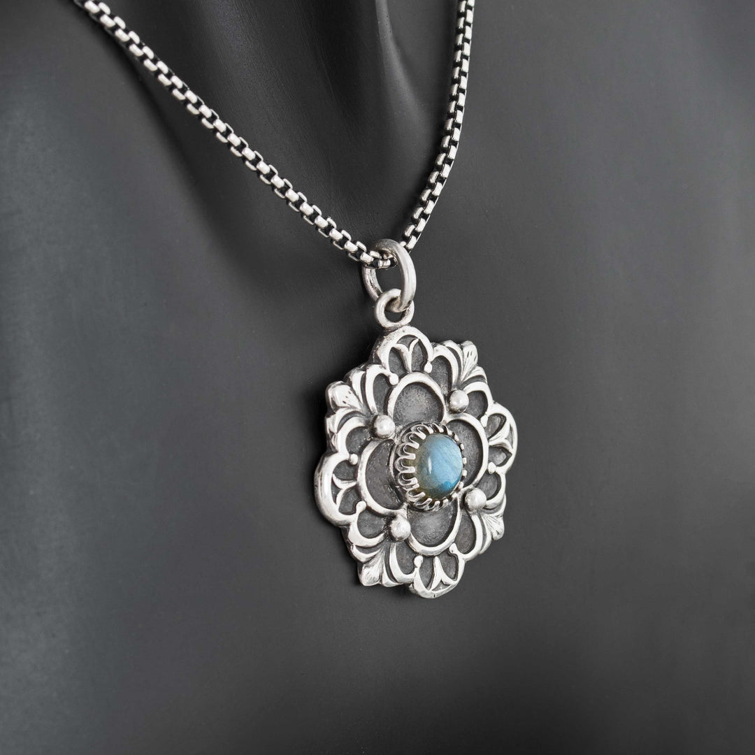 Handcrafted Sterling Silver Flower Pendant with Blue Flash Labradorite | French Gothic Quatrefoil Necklace