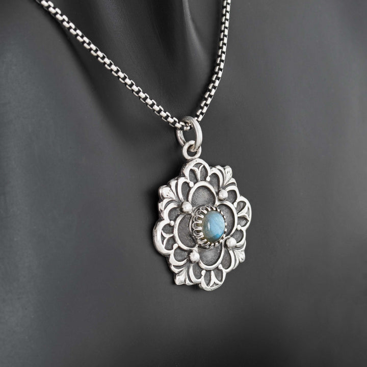 Handcrafted Sterling Silver Flower Pendant with Blue Flash Labradorite | French Gothic Quatrefoil Necklace