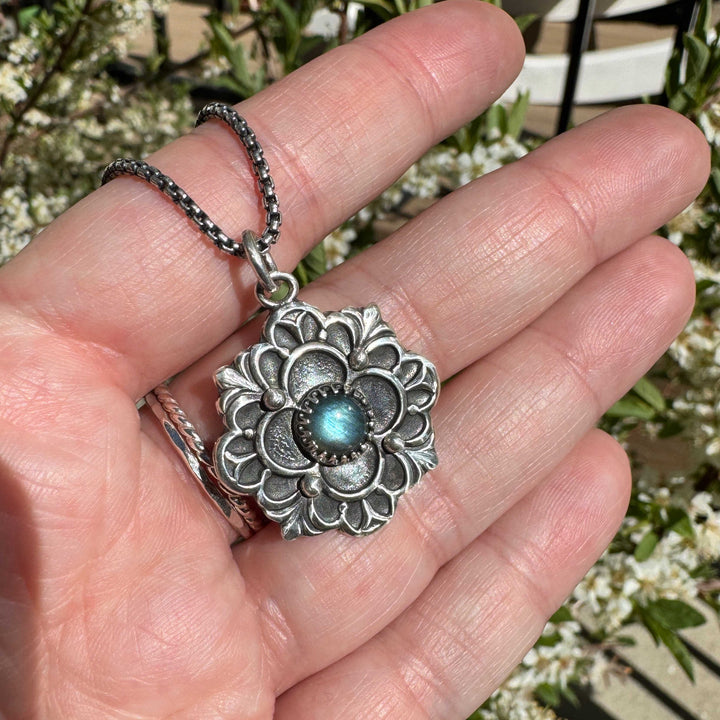 Handcrafted Sterling Silver Flower Pendant with Blue Flash Labradorite | French Gothic Quatrefoil Necklace