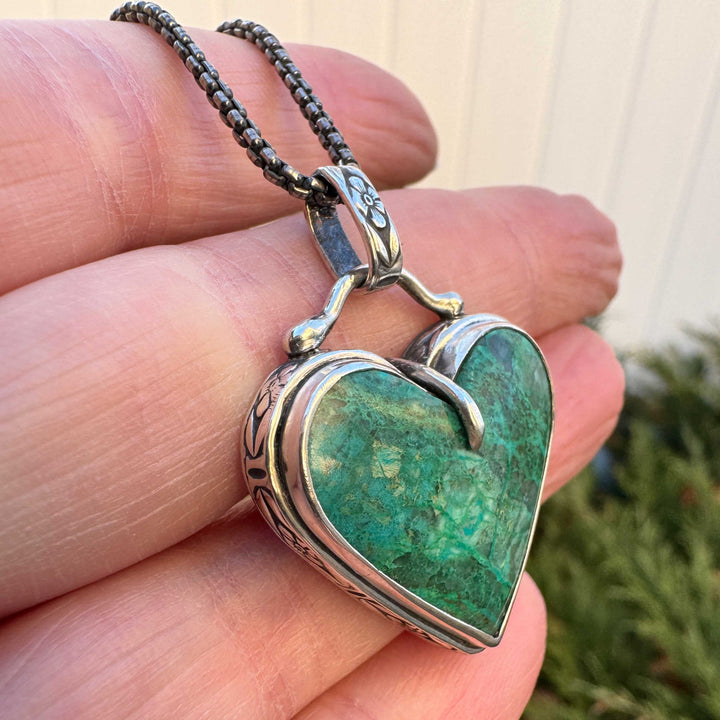 Spiderweb Chrysocolla Heart Pendant Necklace in Sterling Silver