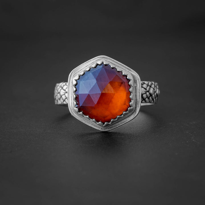 Handmade Sterling Silver Dragon Scale Ring with Hessonite Garnet Stone