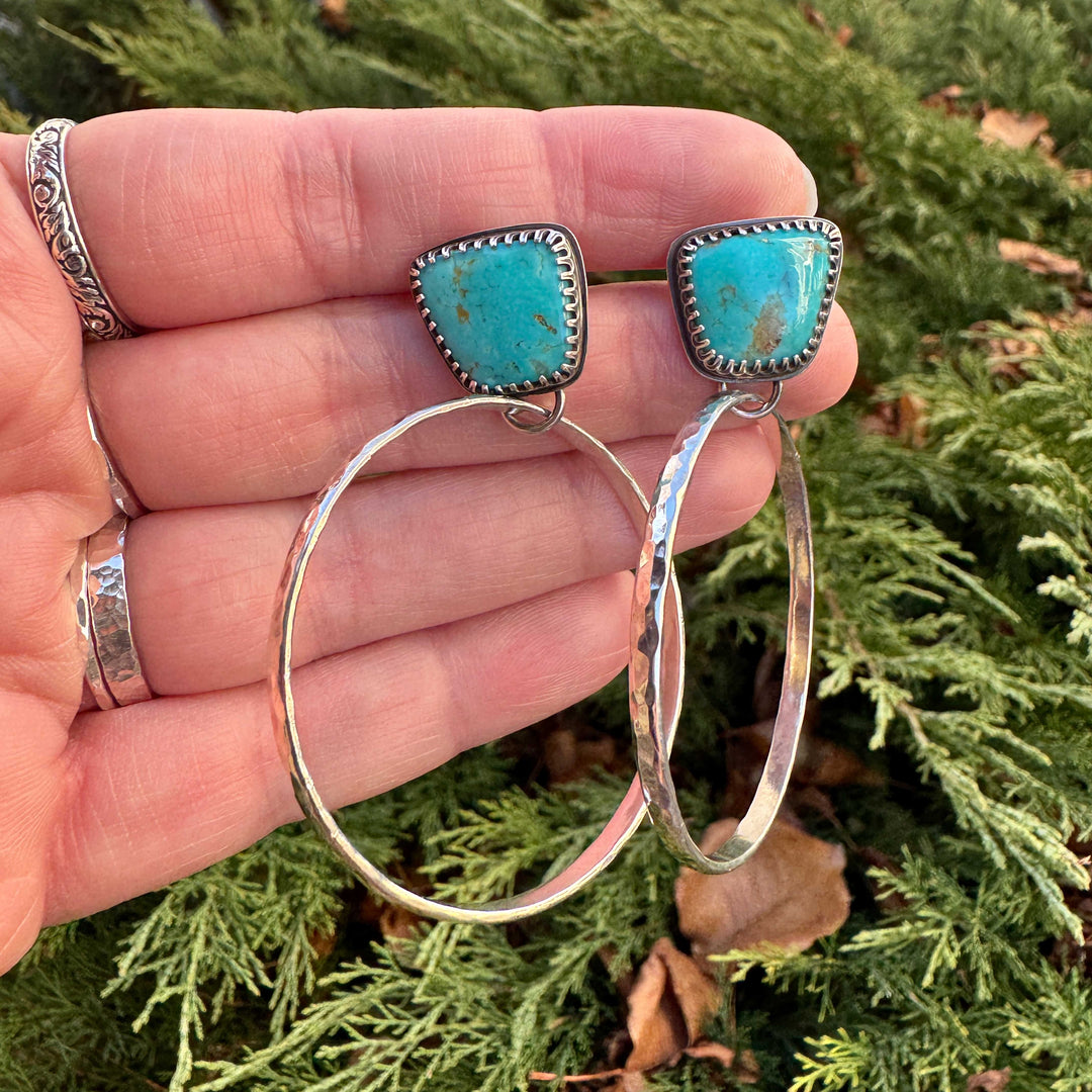 Hammered sterling silver hoop earrings with natural Kingman turquoise