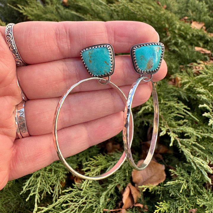 Hammered sterling silver hoop earrings with natural Kingman turquoise