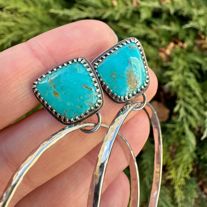 Hammered sterling silver hoop earrings with natural Kingman turquoise