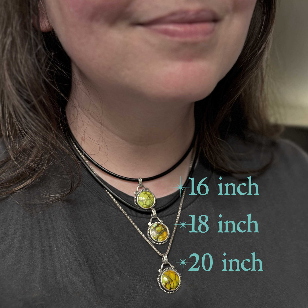 Layered green turquoise pendants worn with chain length reference guide