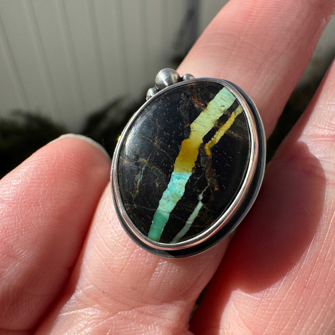 Nevada Blackjack turquoise statement ring with double bezel setting and granule detail