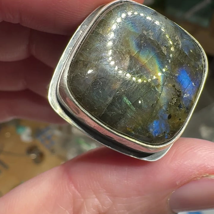 Labradorite Sterling Silver Wide Band Statement Ring | Size 10