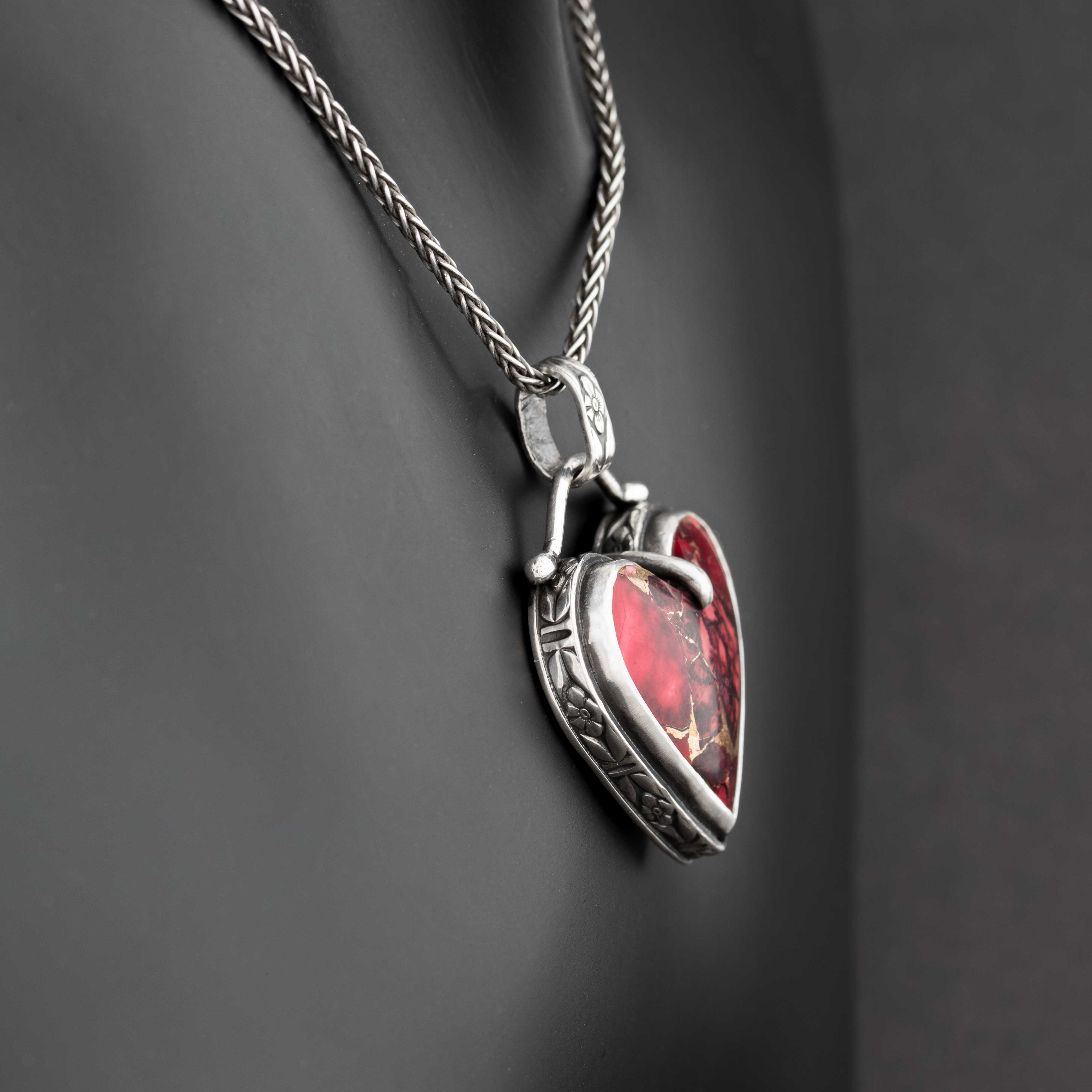 Gothic Heart Necklace | Red Dahlia Rose Stone Pendant in Sterling