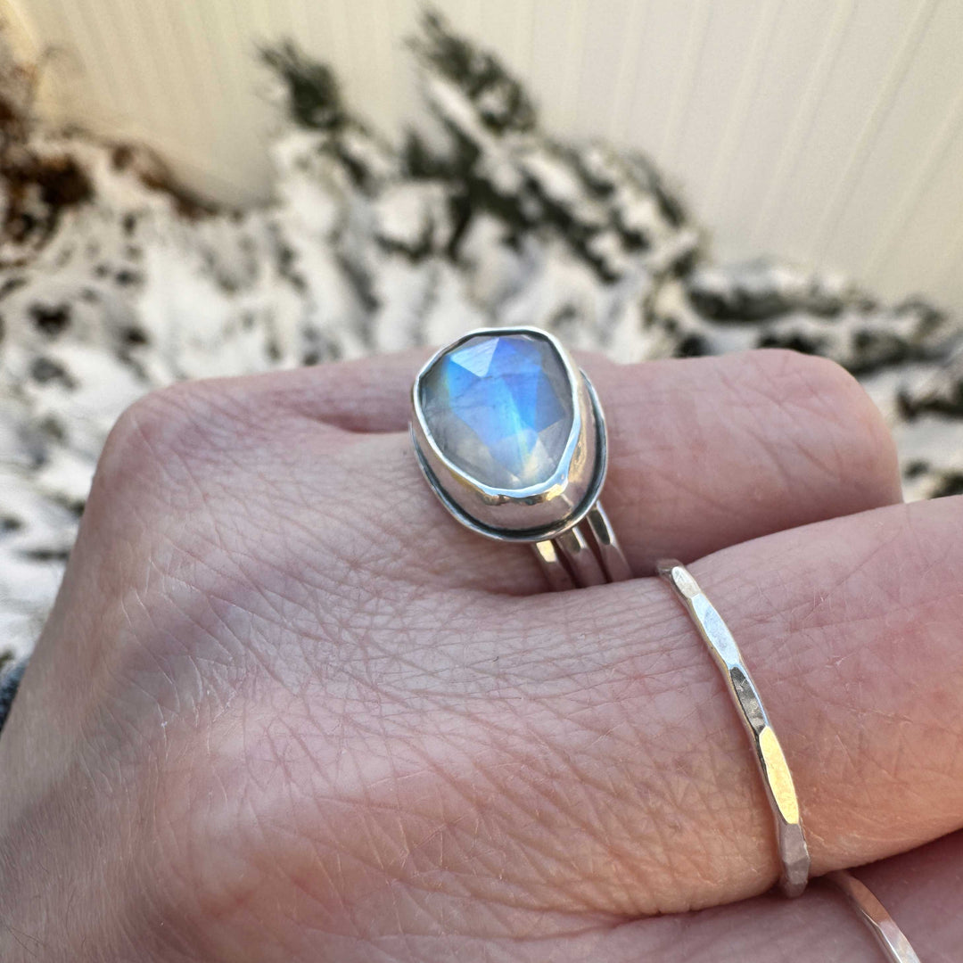 Handmade rose cut rainbow moonstone ring size 6 stacked with hammered sterling silver bands