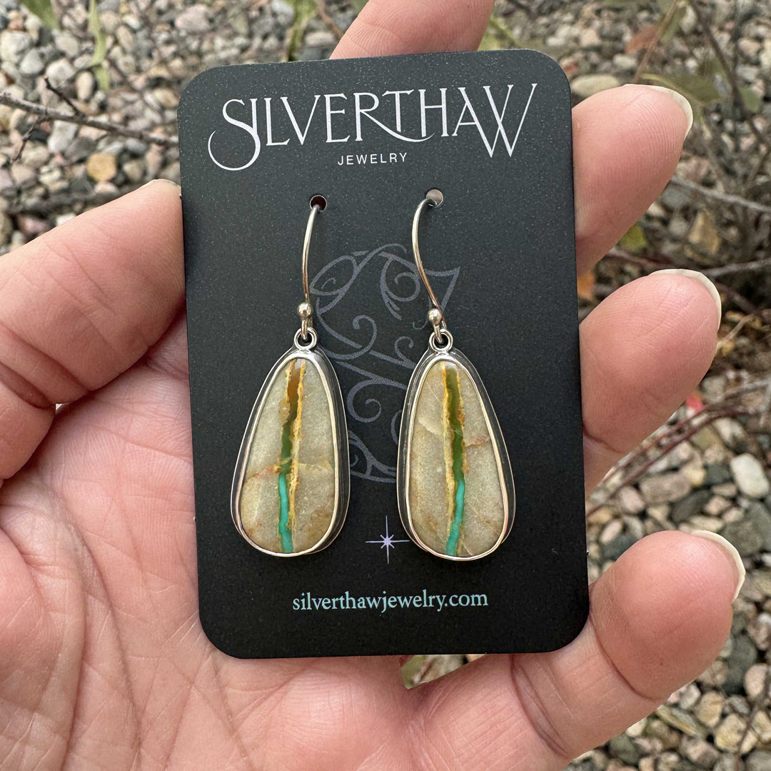 Royston Ribbon turquoise earrings displayed on Silverthaw Jewelry card, highlighting handmade sterling silver craftsmanship.