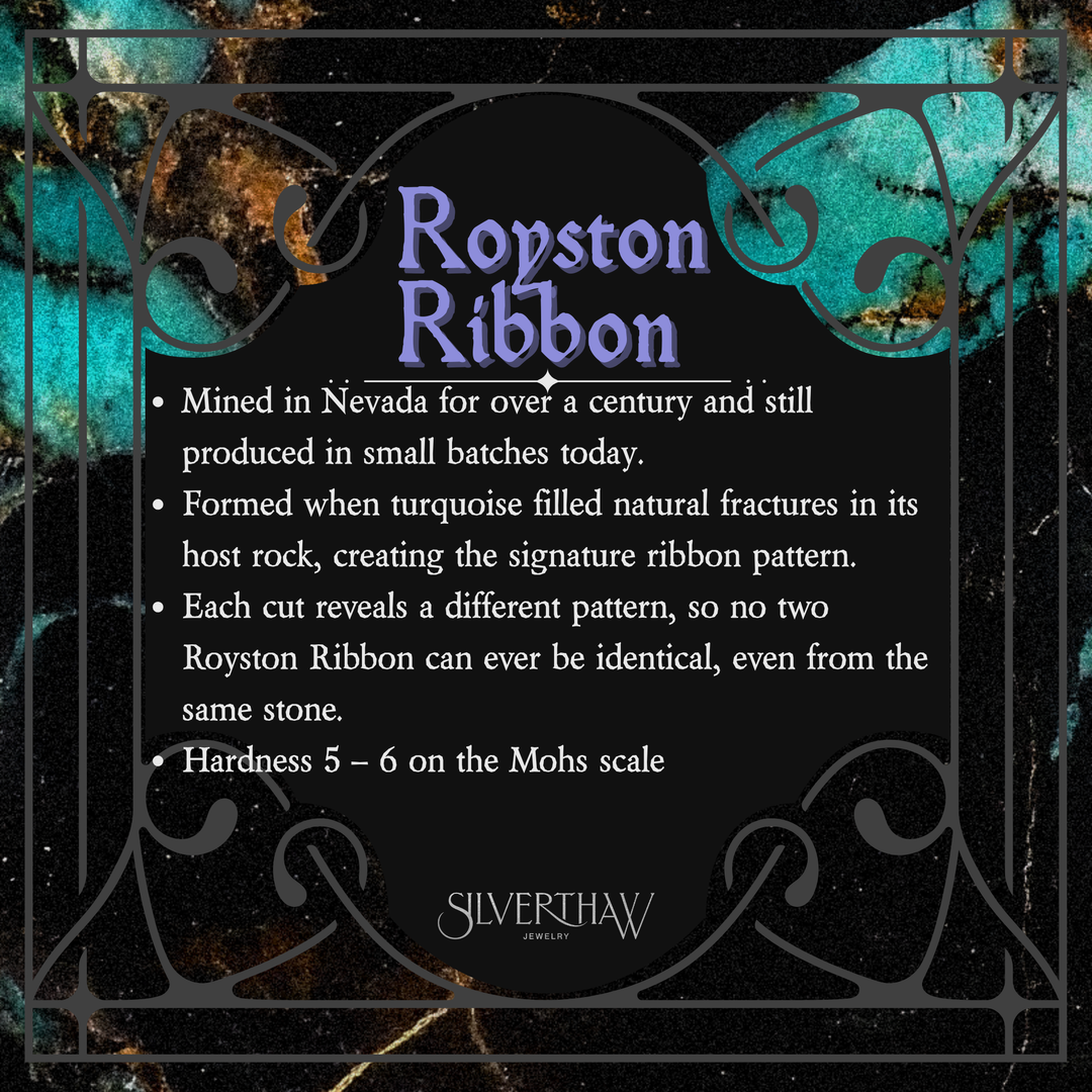 Royston Ribbon turquoise gemstone facts infographic by Silverthaw Jewelry, featuring details about its Nevada origin, natural ribbon formation in host rock, unique stone patterns, and Mohs hardness of 5 to 6.