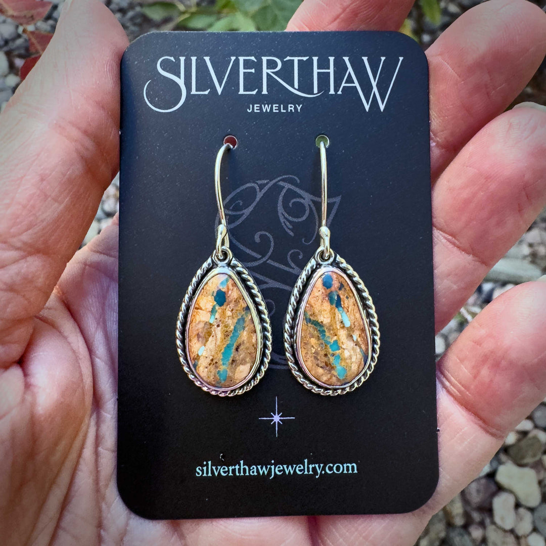 Royston Ribbon turquoise earrings on Silverthaw Jewelry card, handmade sterling silver teardrop design with rope border.