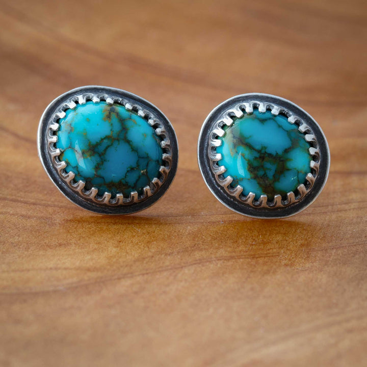 Blue-green turquoise stud earrings with Carico Lake turquoise. Handmade southwestern earrings in Fort Collins, Colorado.