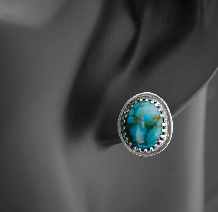 Silver turquoise earrings featuring Carico Lake turquoise. Artisan jewelry made in northern Colorado.